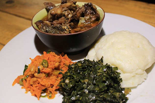 Gugu also prepares stews and potjies, including an ostrich neck slow-cooked in red wine and thyme, and her rich mogodu dish. Photo supplied.